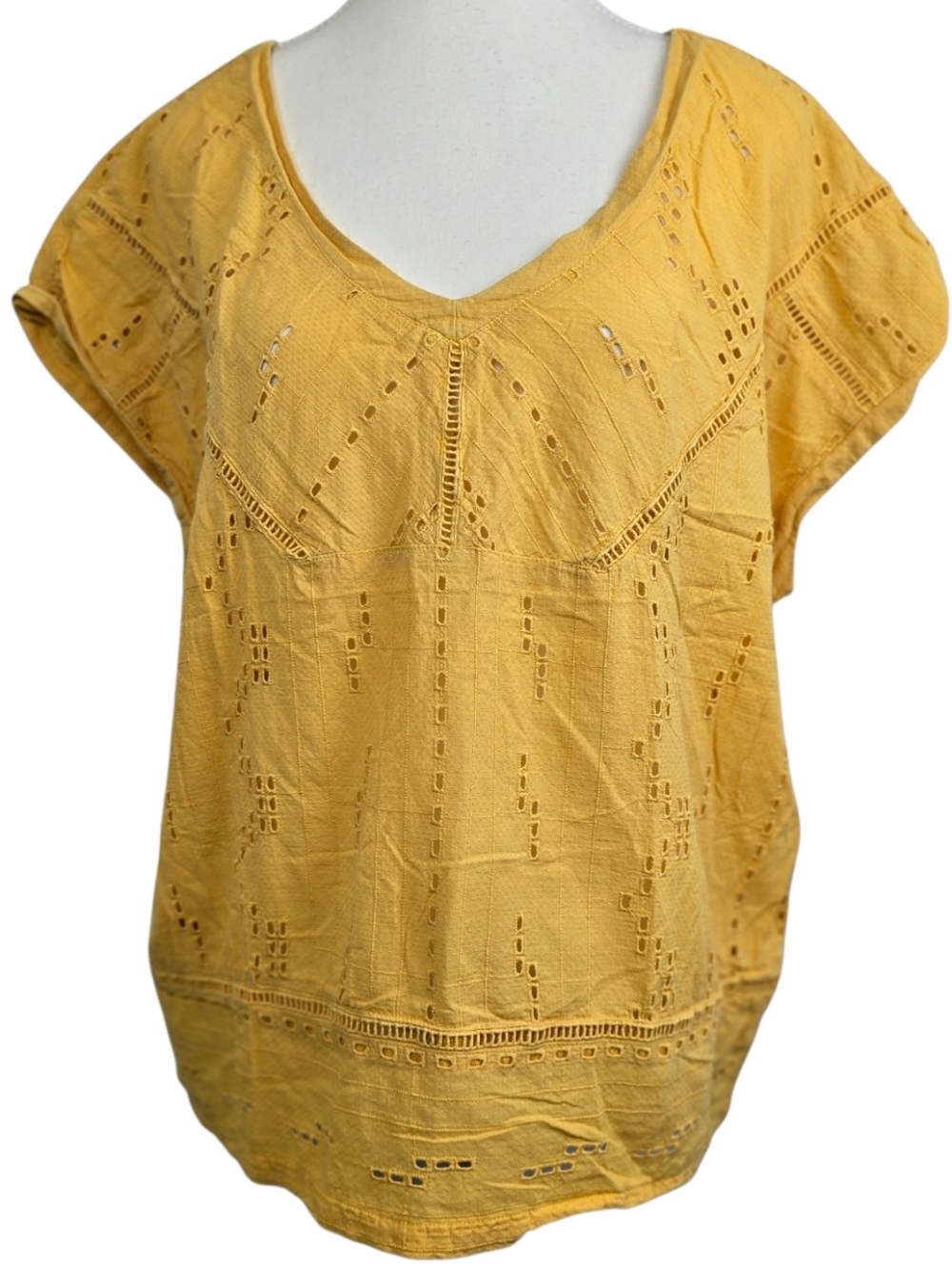 prAna Mustard Eyelet Blouse V-Neck Cap Sleeve Boho Cottagecore Top, Size L